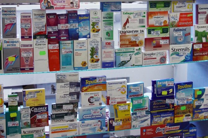 pharmacy display case with medicines